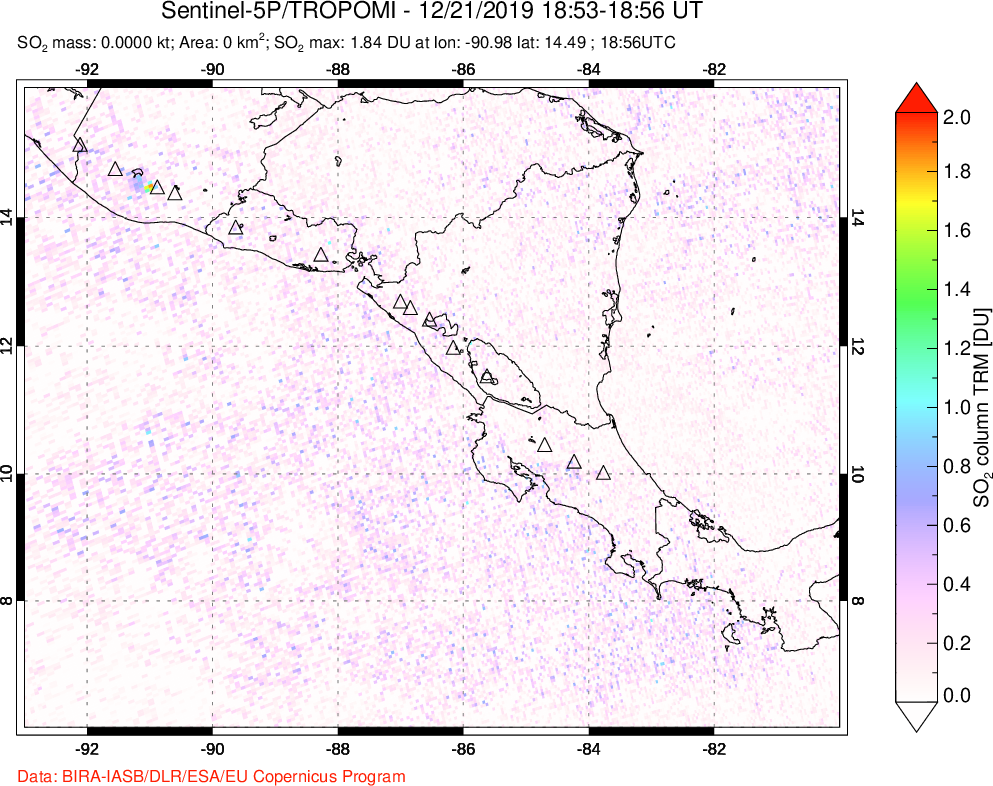 A sulfur dioxide image over Central America on Dec 21, 2019.