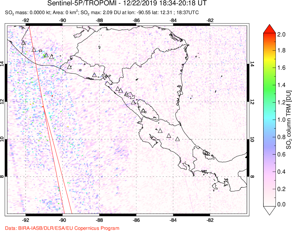 A sulfur dioxide image over Central America on Dec 22, 2019.
