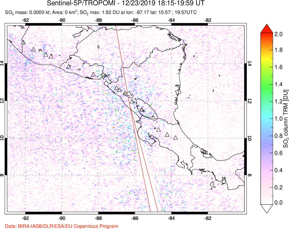 A sulfur dioxide image over Central America on Dec 23, 2019.