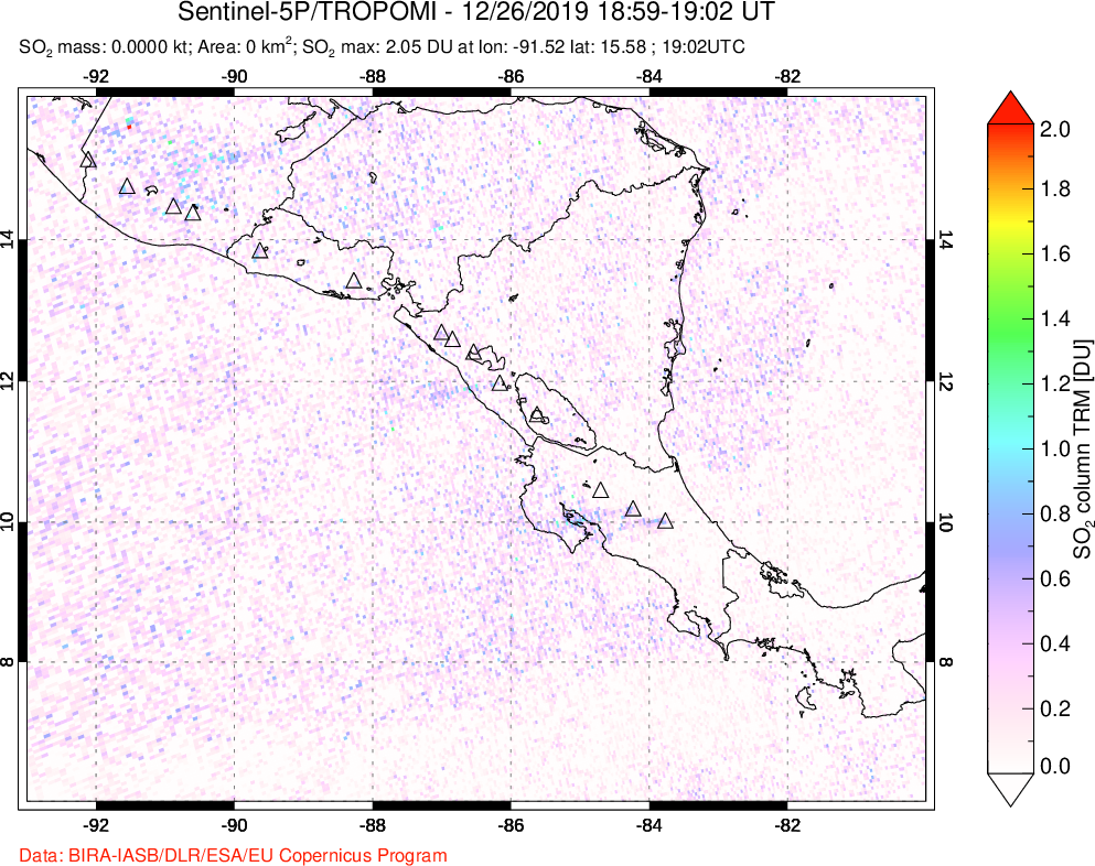 A sulfur dioxide image over Central America on Dec 26, 2019.