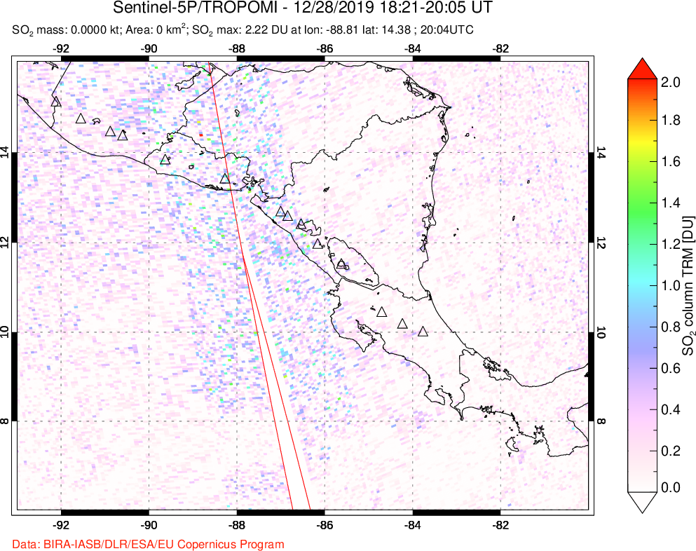 A sulfur dioxide image over Central America on Dec 28, 2019.