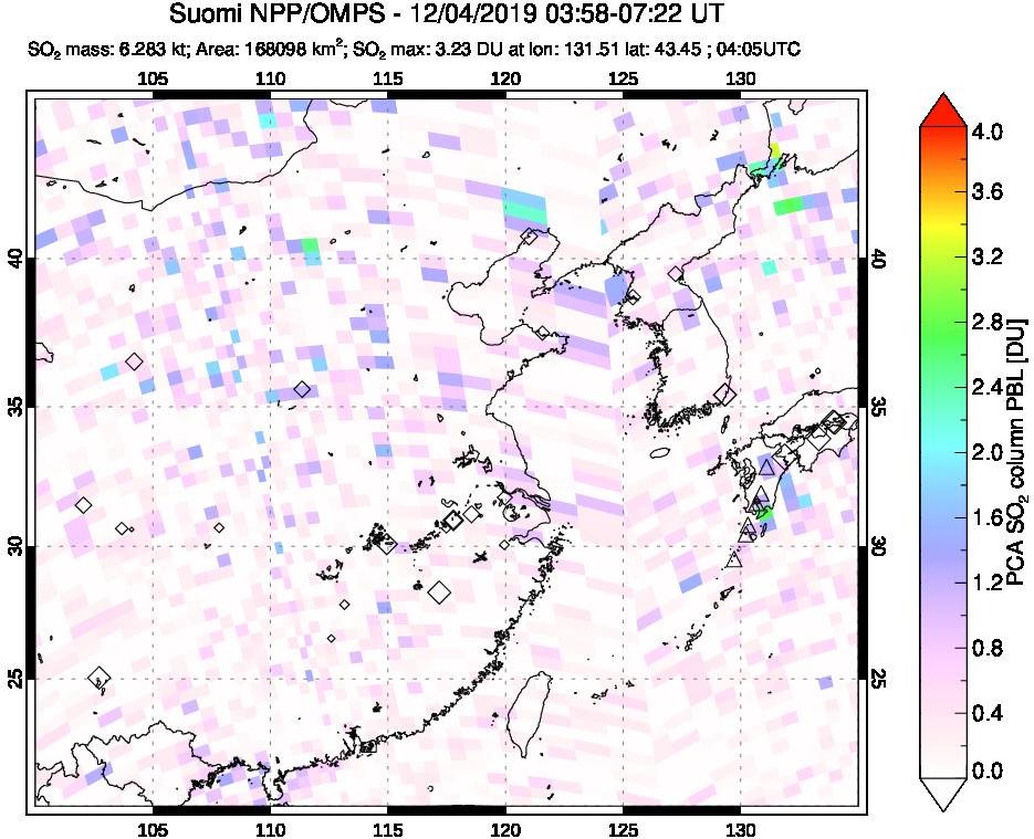 A sulfur dioxide image over Eastern China on Dec 04, 2019.