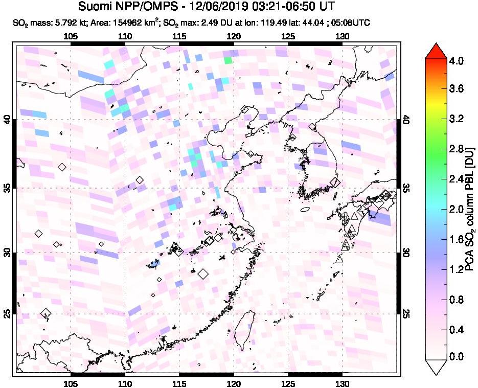 A sulfur dioxide image over Eastern China on Dec 06, 2019.