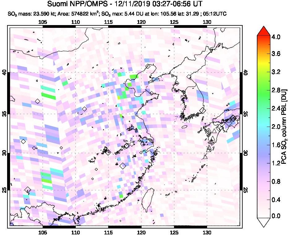 A sulfur dioxide image over Eastern China on Dec 11, 2019.