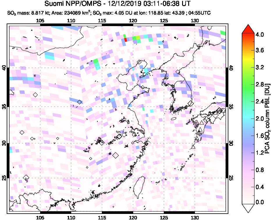 A sulfur dioxide image over Eastern China on Dec 12, 2019.