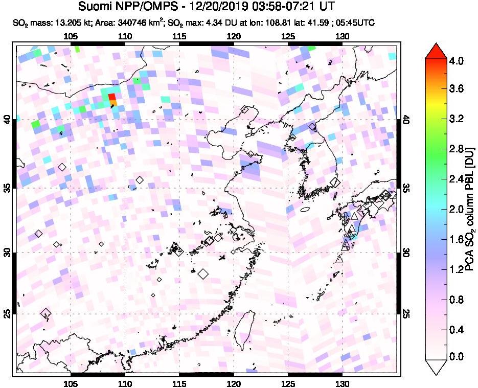 A sulfur dioxide image over Eastern China on Dec 20, 2019.