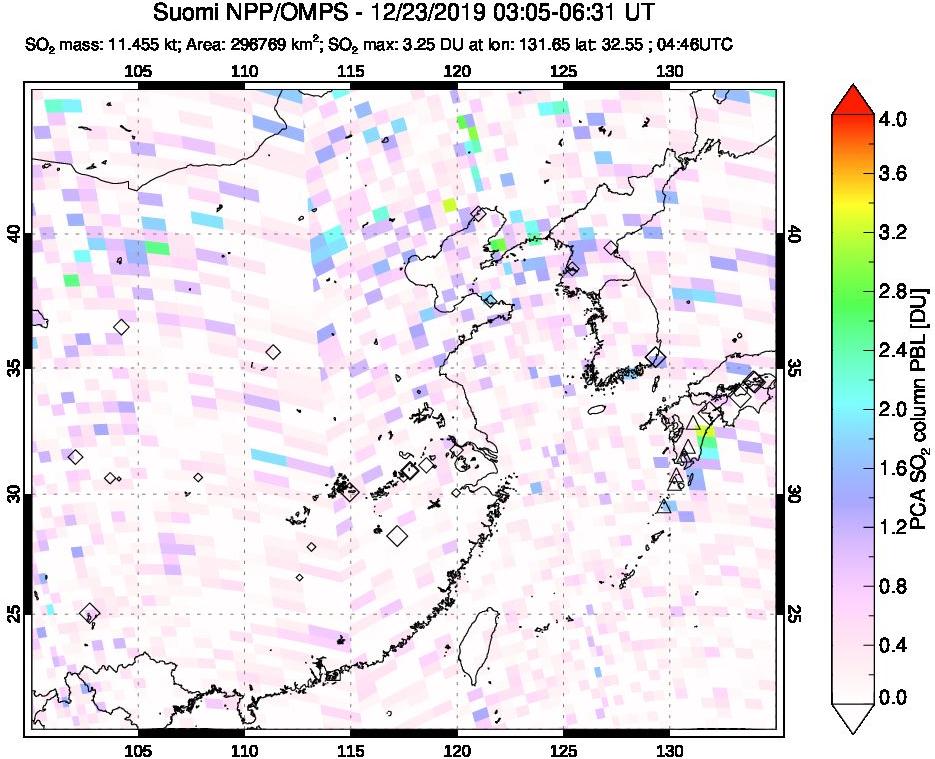 A sulfur dioxide image over Eastern China on Dec 23, 2019.