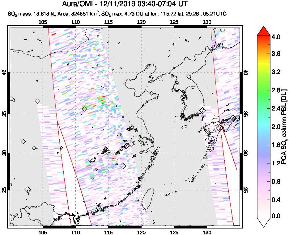 A sulfur dioxide image over Eastern China on Dec 11, 2019.