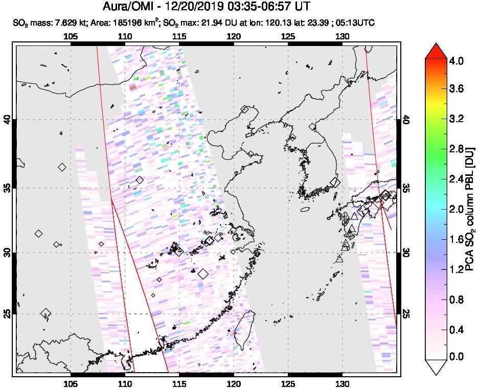 A sulfur dioxide image over Eastern China on Dec 20, 2019.
