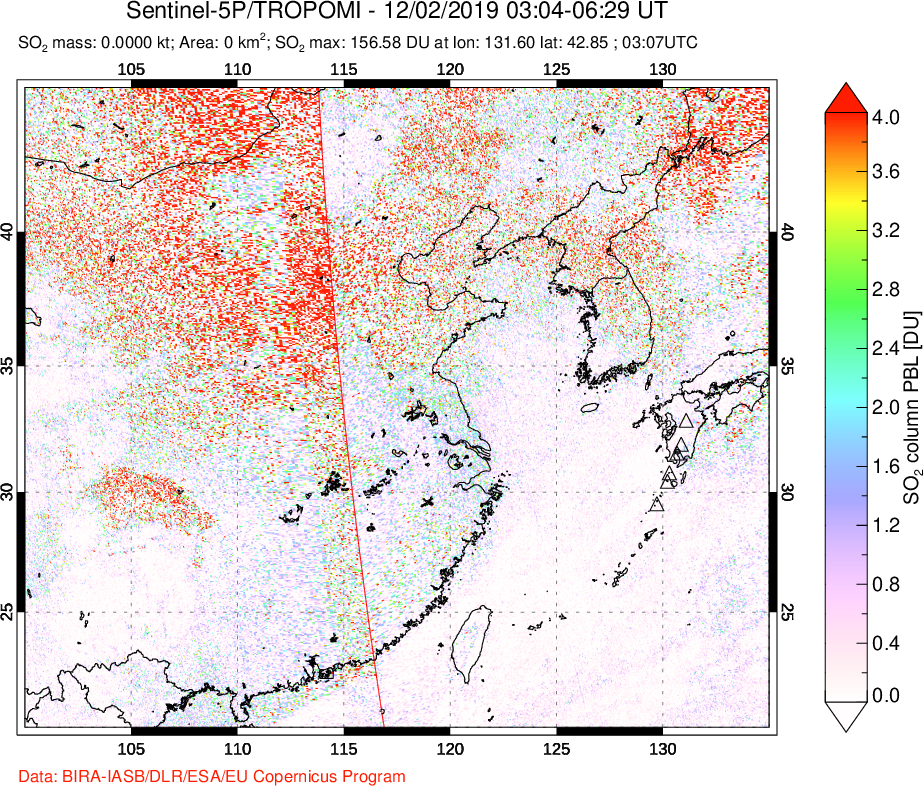 A sulfur dioxide image over Eastern China on Dec 02, 2019.