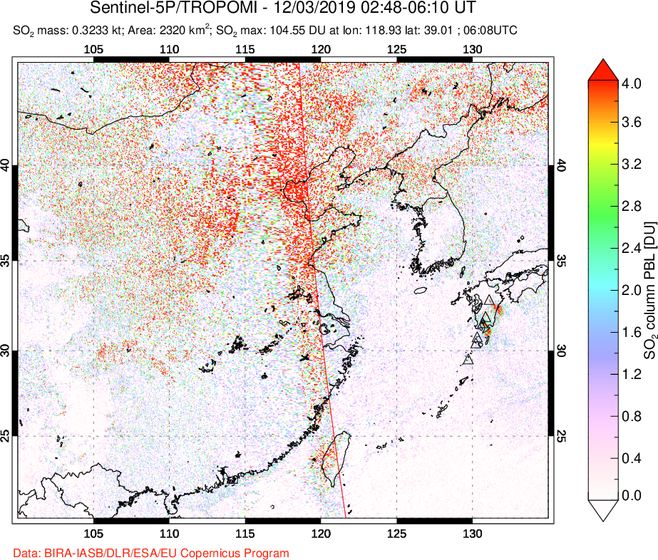 A sulfur dioxide image over Eastern China on Dec 03, 2019.