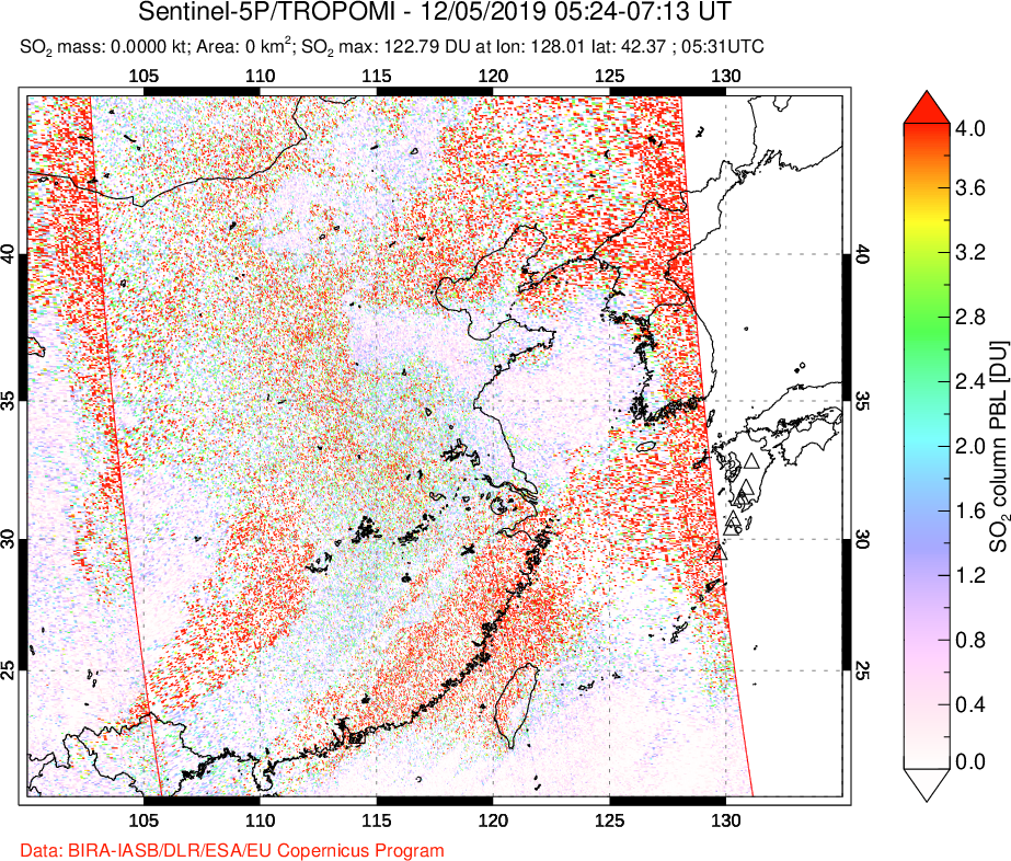 A sulfur dioxide image over Eastern China on Dec 05, 2019.