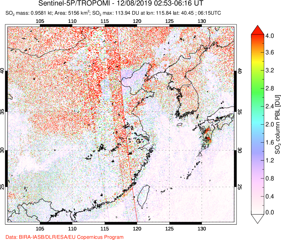 A sulfur dioxide image over Eastern China on Dec 08, 2019.