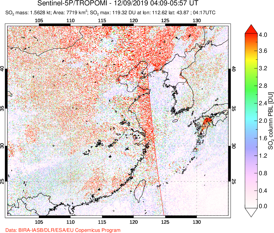 A sulfur dioxide image over Eastern China on Dec 09, 2019.