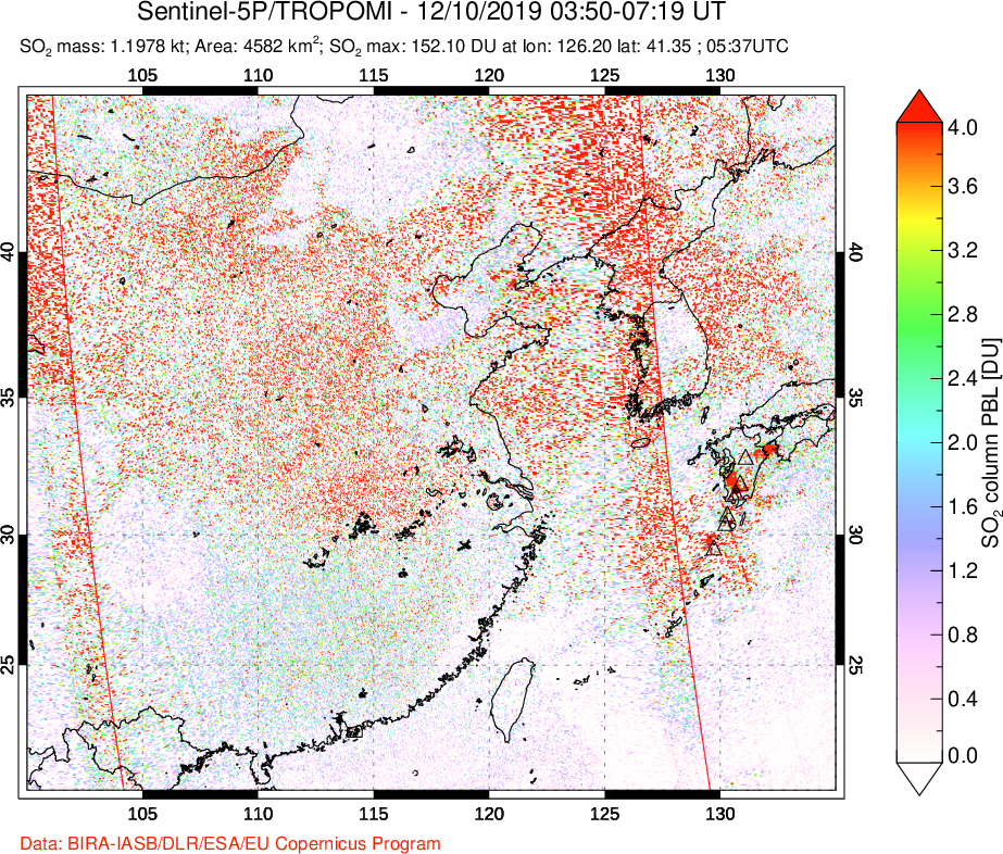 A sulfur dioxide image over Eastern China on Dec 10, 2019.
