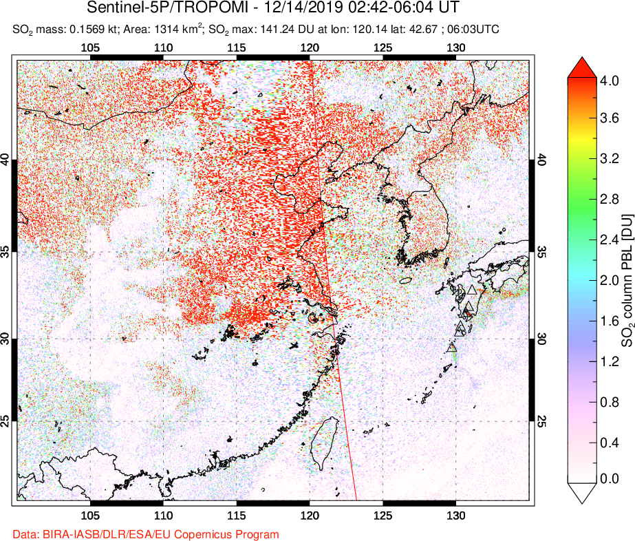 A sulfur dioxide image over Eastern China on Dec 14, 2019.