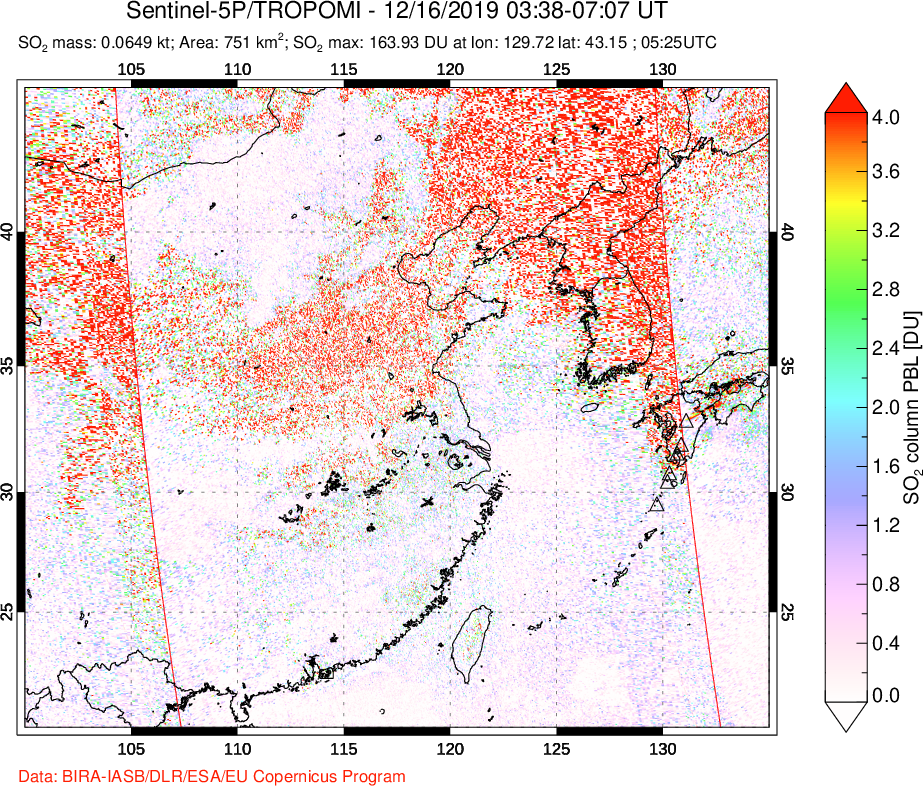 A sulfur dioxide image over Eastern China on Dec 16, 2019.