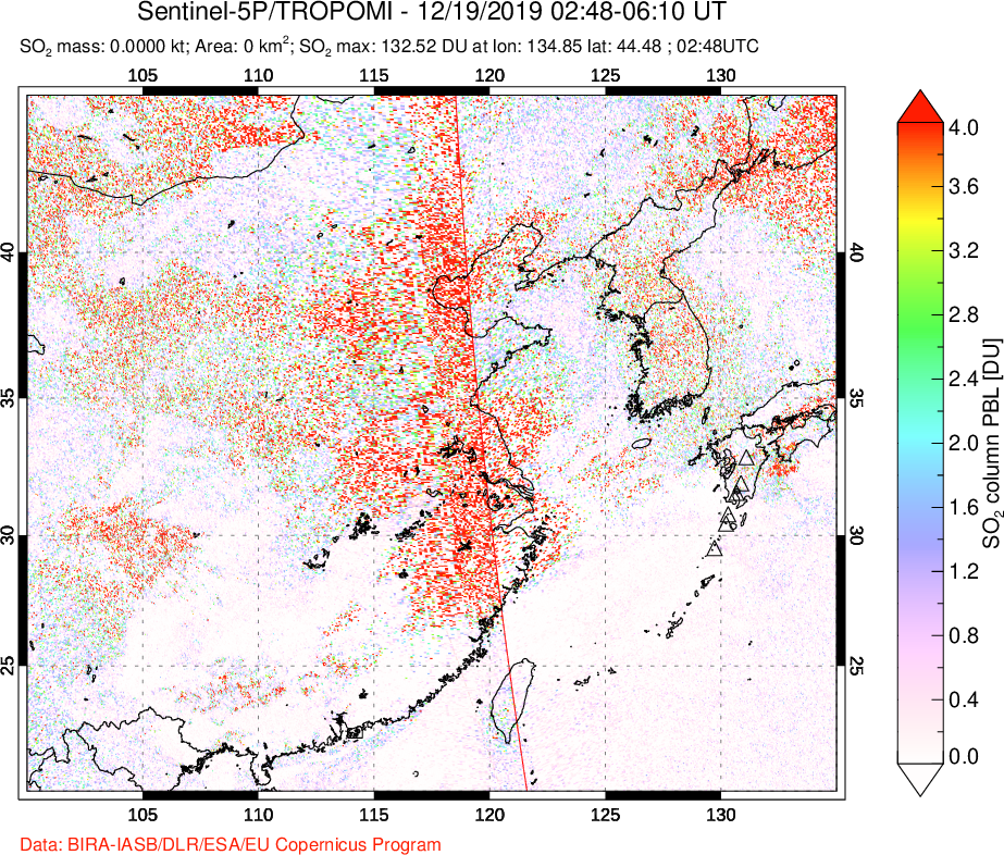 A sulfur dioxide image over Eastern China on Dec 19, 2019.