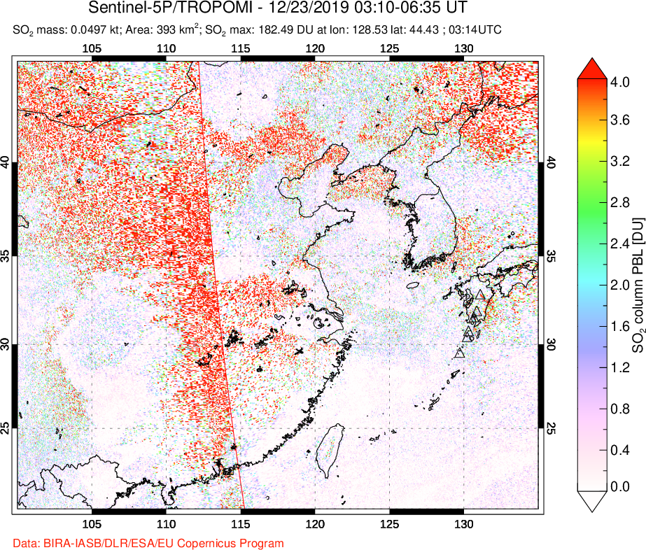 A sulfur dioxide image over Eastern China on Dec 23, 2019.