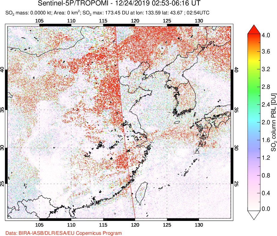 A sulfur dioxide image over Eastern China on Dec 24, 2019.