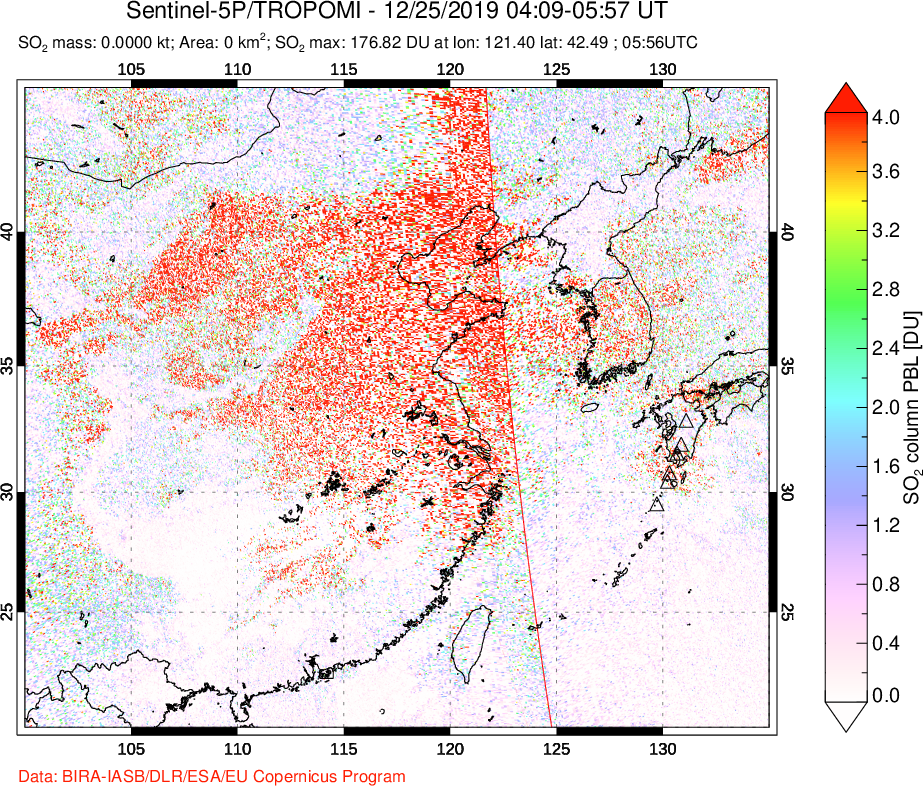 A sulfur dioxide image over Eastern China on Dec 25, 2019.