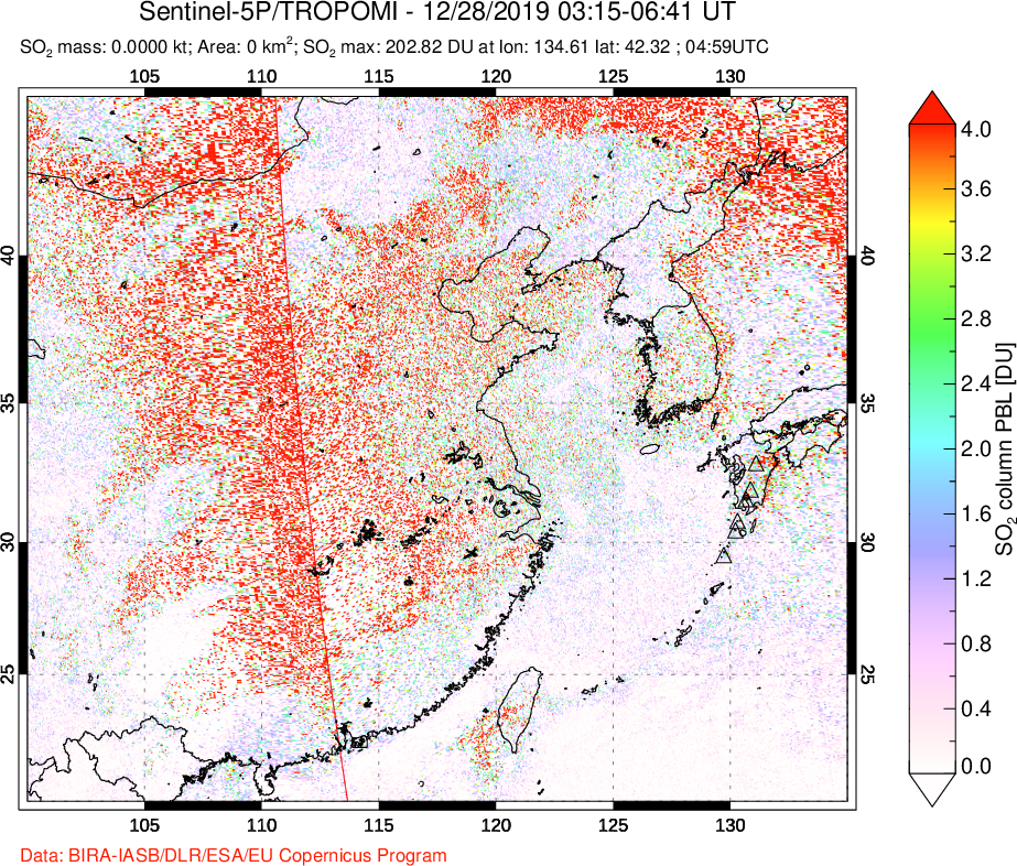 A sulfur dioxide image over Eastern China on Dec 28, 2019.
