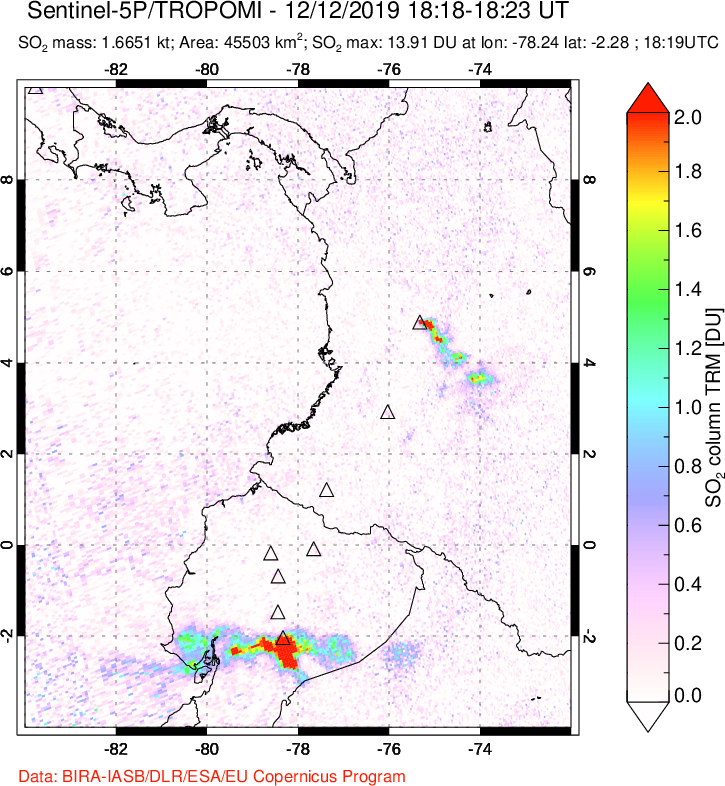 A sulfur dioxide image over Ecuador on Dec 12, 2019.
