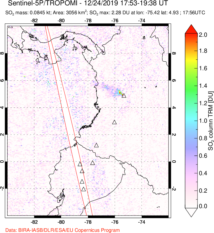 A sulfur dioxide image over Ecuador on Dec 24, 2019.