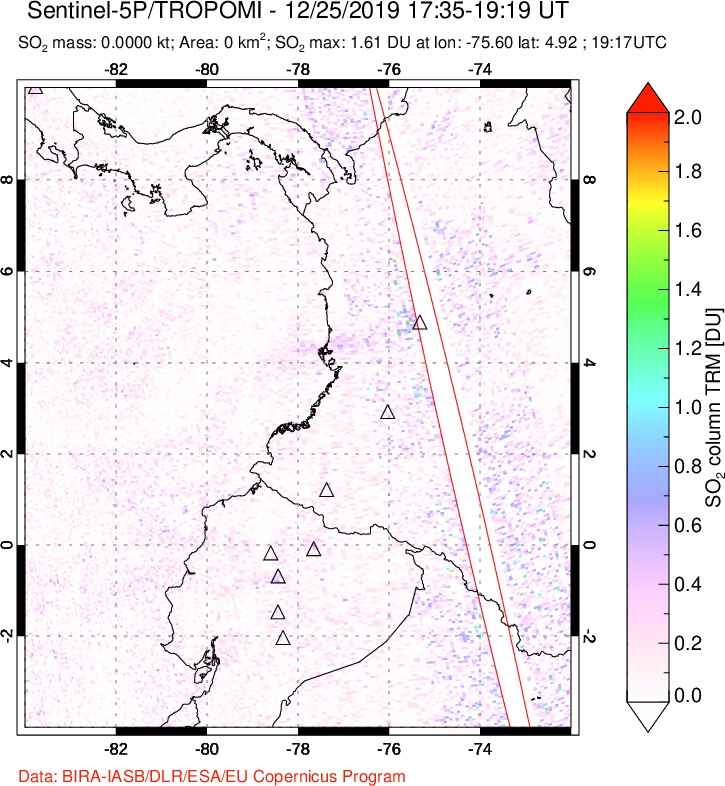 A sulfur dioxide image over Ecuador on Dec 25, 2019.