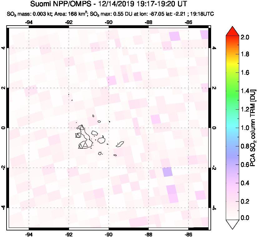 A sulfur dioxide image over Galápagos Islands on Dec 14, 2019.