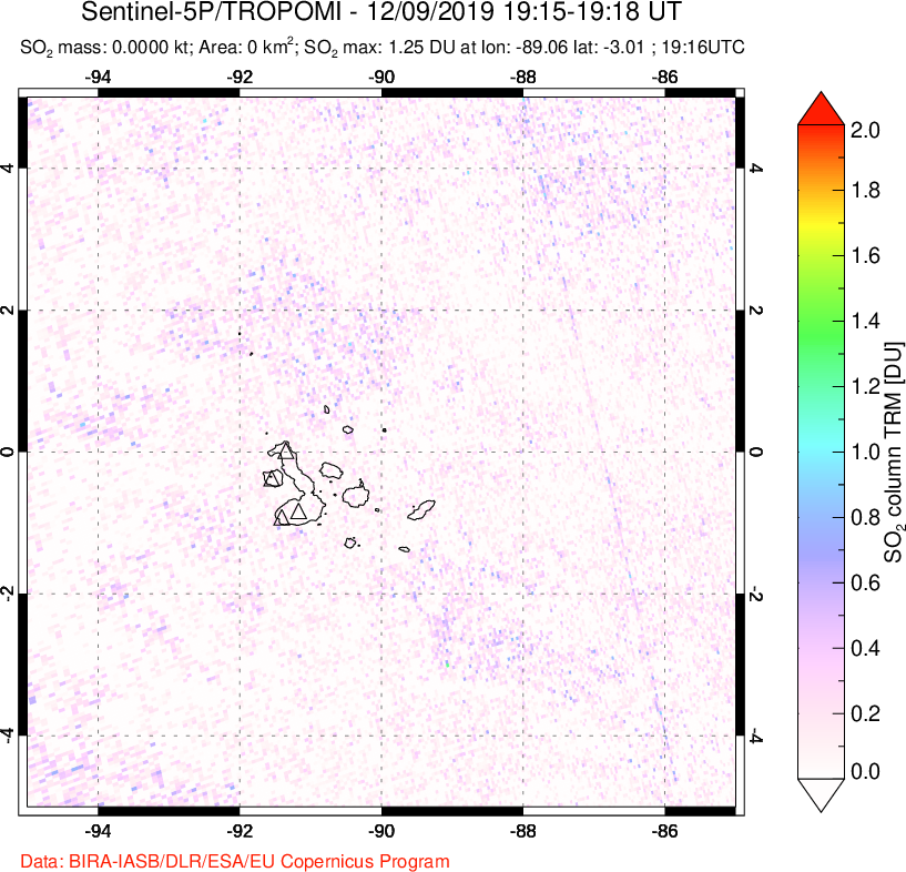 A sulfur dioxide image over Galápagos Islands on Dec 09, 2019.