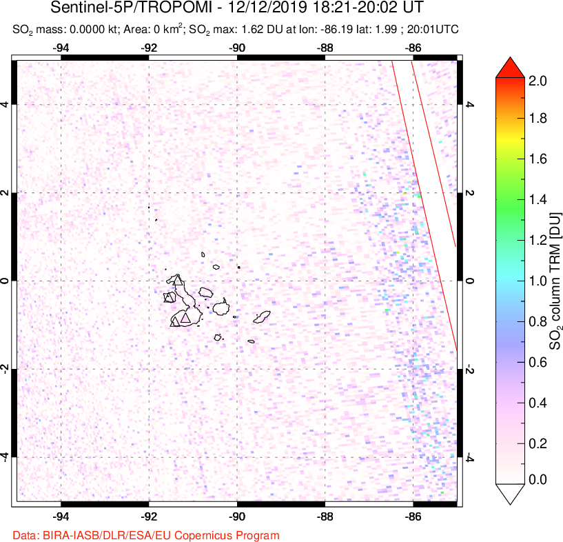A sulfur dioxide image over Galápagos Islands on Dec 12, 2019.