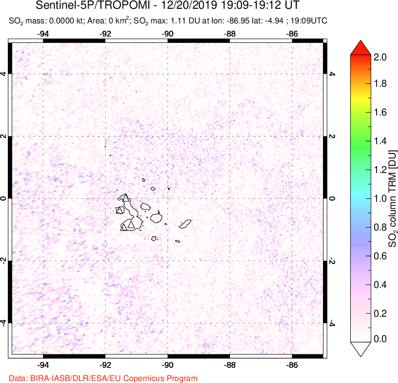 A sulfur dioxide image over Galápagos Islands on Dec 20, 2019.