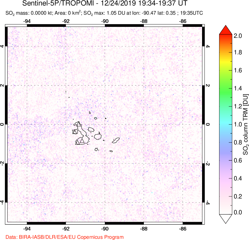 A sulfur dioxide image over Galápagos Islands on Dec 24, 2019.
