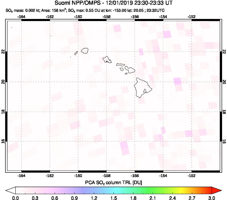 A sulfur dioxide image over Hawaii, USA on Dec 01, 2019.