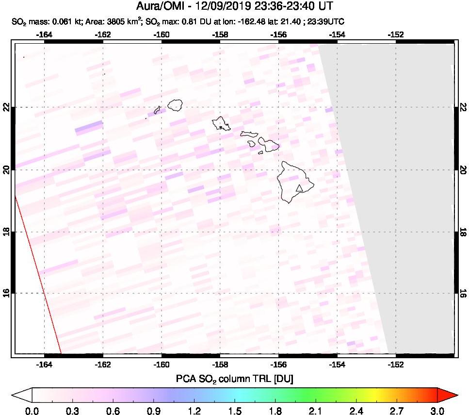 A sulfur dioxide image over Hawaii, USA on Dec 09, 2019.