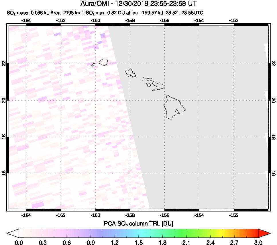 A sulfur dioxide image over Hawaii, USA on Dec 30, 2019.