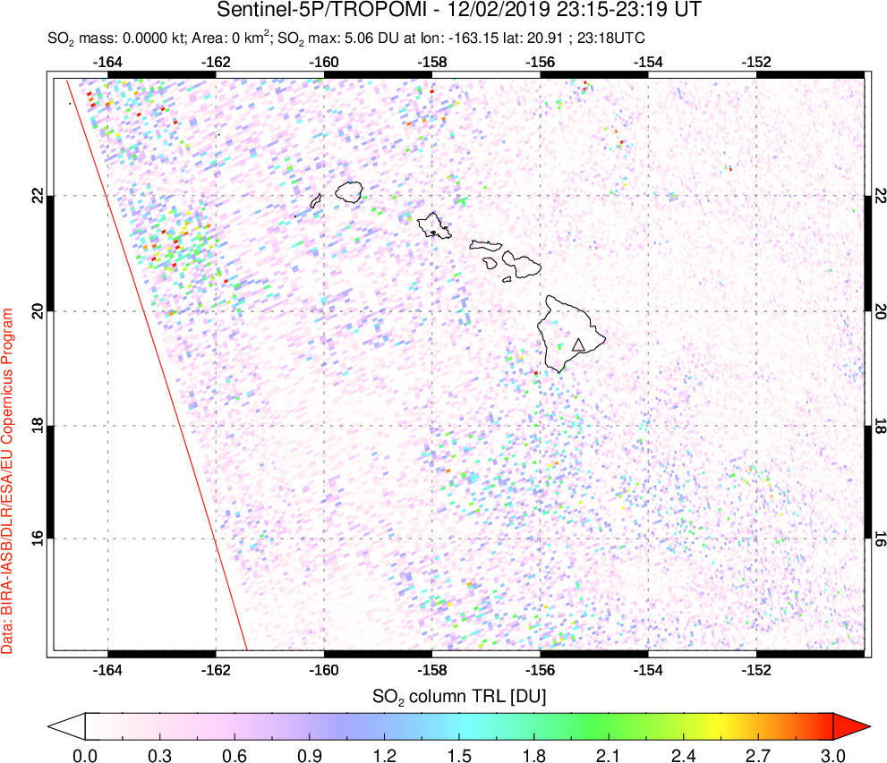 A sulfur dioxide image over Hawaii, USA on Dec 02, 2019.