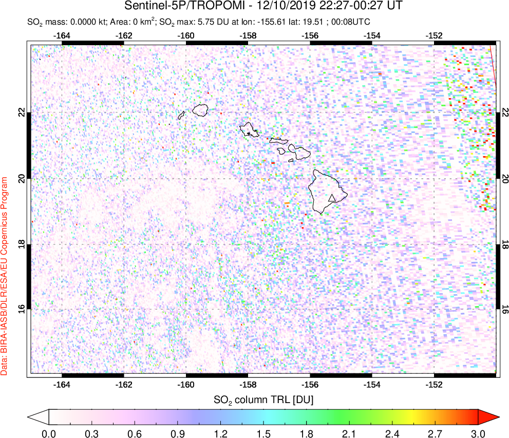A sulfur dioxide image over Hawaii, USA on Dec 10, 2019.