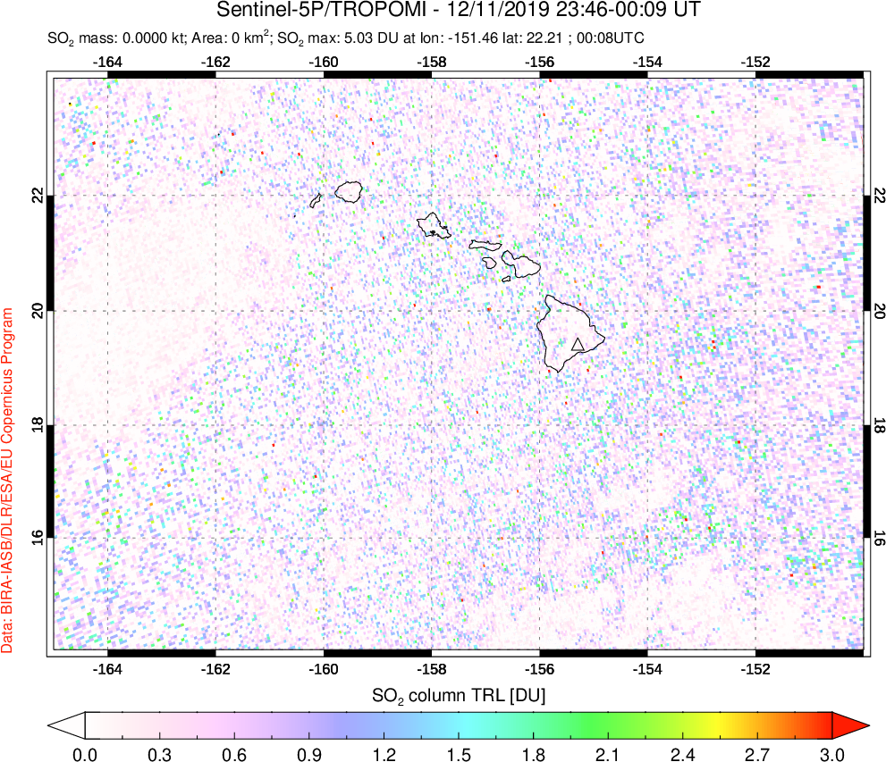 A sulfur dioxide image over Hawaii, USA on Dec 11, 2019.