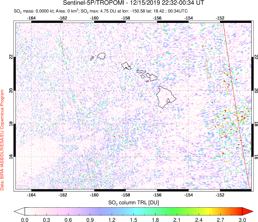 A sulfur dioxide image over Hawaii, USA on Dec 15, 2019.