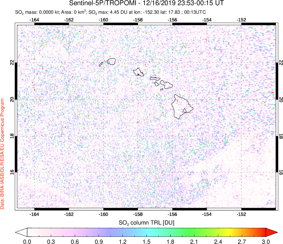 A sulfur dioxide image over Hawaii, USA on Dec 16, 2019.