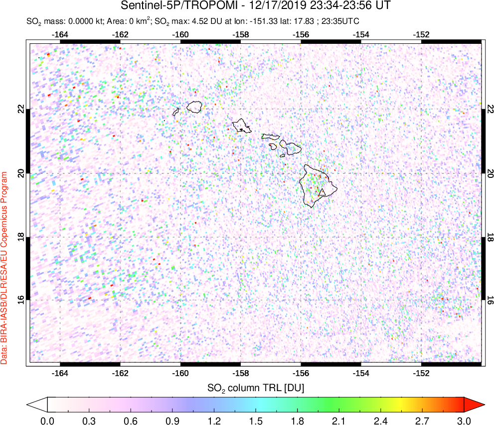 A sulfur dioxide image over Hawaii, USA on Dec 17, 2019.