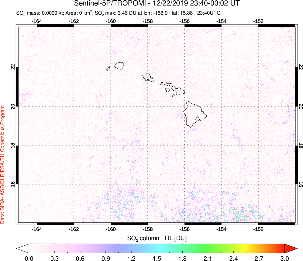 A sulfur dioxide image over Hawaii, USA on Dec 22, 2019.