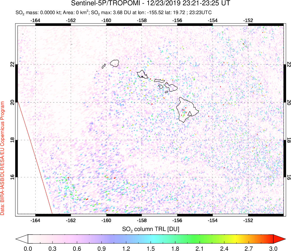 A sulfur dioxide image over Hawaii, USA on Dec 23, 2019.