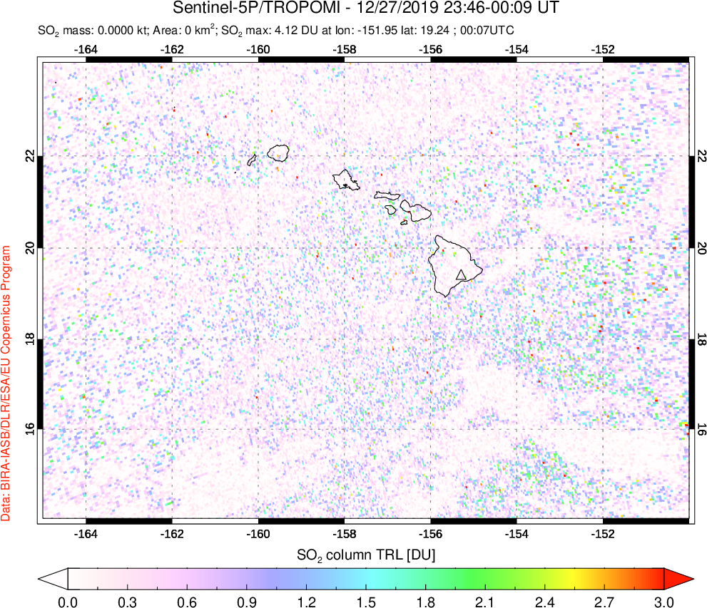 A sulfur dioxide image over Hawaii, USA on Dec 27, 2019.