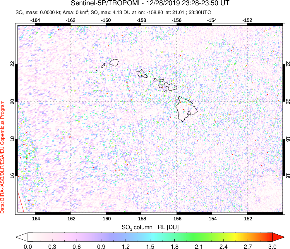 A sulfur dioxide image over Hawaii, USA on Dec 28, 2019.