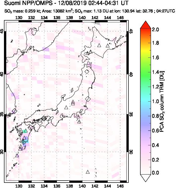 A sulfur dioxide image over Japan on Dec 08, 2019.