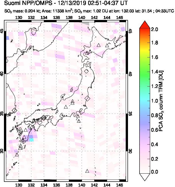 A sulfur dioxide image over Japan on Dec 13, 2019.