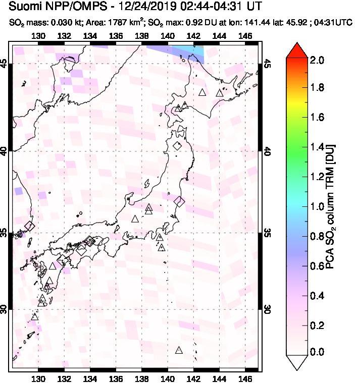 A sulfur dioxide image over Japan on Dec 24, 2019.
